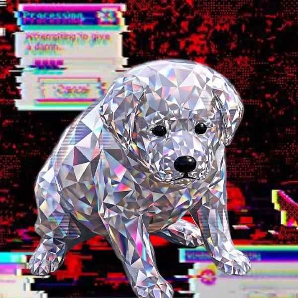 The same puppy rendered as faceted crystal.